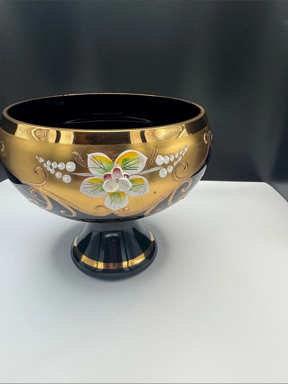 Decorative Black and Gold candy,cookie, Bowl with Hand-Painted Floral Accent